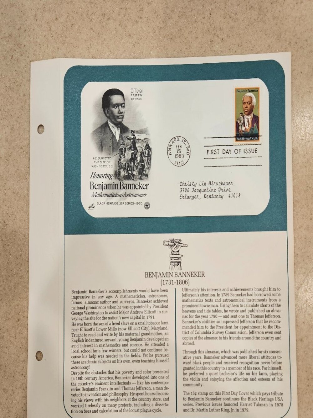 RARE COLLECTIBLE USPS 1ST DAY ISSUE COVER BENJAMIN BANNEKER ASTRONOMER STAMP FDC